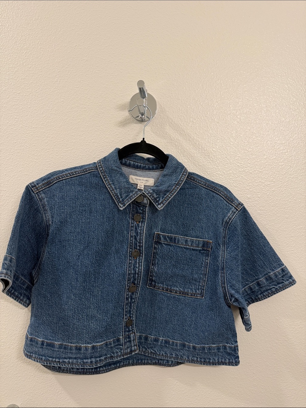 Dark Blue Denim Cropped Button-Up Shirt